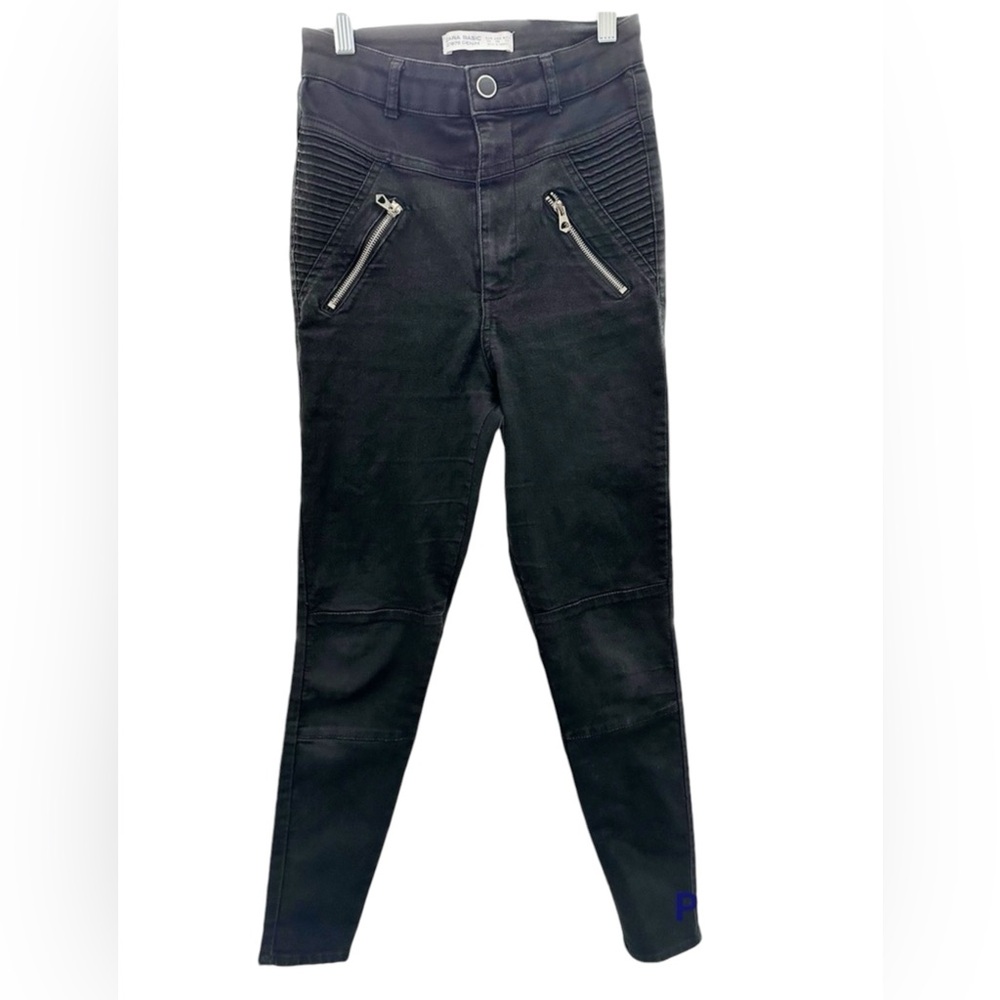 Zara Basic Z1975 Moto Skinny Ankle Jeans Women's 6 Mid Rise Stretch Denim Black